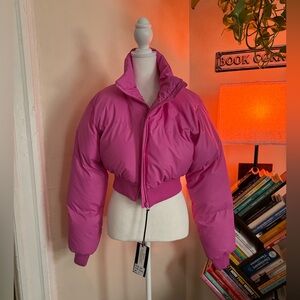 Hot pink cropped puffer jacket